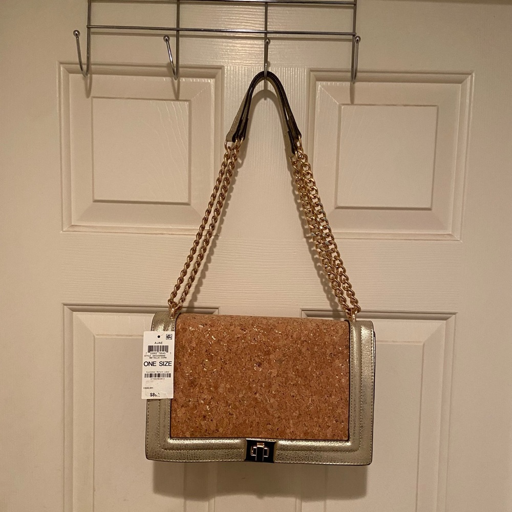 INC International Concepts Cork & Metallic Gold Flap Shoulder Crossbody Bag NWT